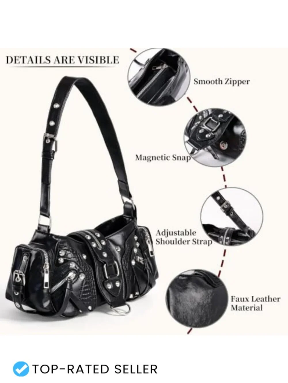 Y2K Faux Leather Studded Hobo Shoulder Bag Crossbody Purse